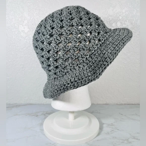 Gray Crochet Bucket Hat - Picture 2 of 7
